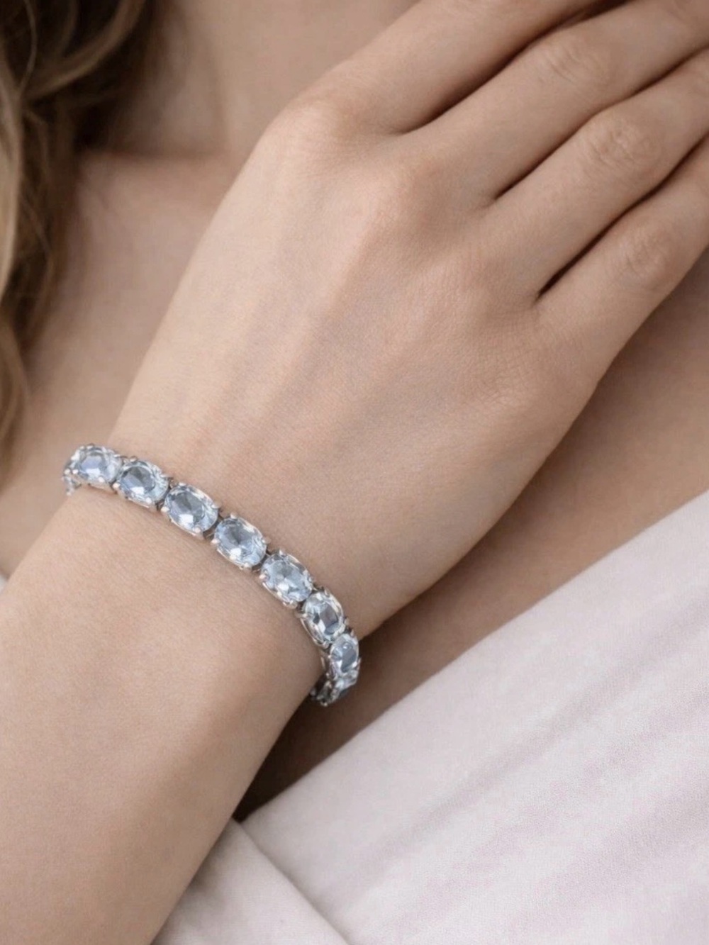 QVC 925 Sterling Silver Natural Aquamarine Oval Tennis Bracelet 7.5”